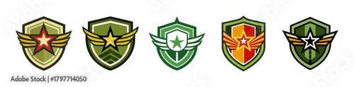 Set of five military rank shield emblems with stars and wings
