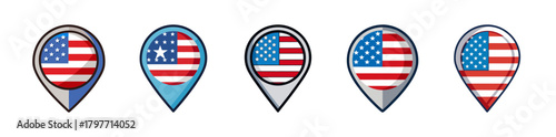 Set of united states flag location map pins icons collection