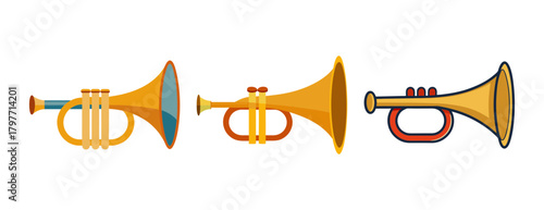 Three stylized trumpets brass musical instruments vector set