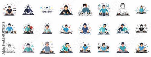 DJ Mixing Music Flat Vector Illustration Set. Turntable and Disc Jockey Icon Collection with Sound Waves and Equalizers.