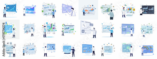 Predictive analysis vector illustration set. Analysts use big data tools, dashboards, and algorithms for trend forecasting, business intelligence, and future prediction models.