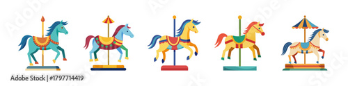 Colorful carousel horses collection in flat vector style