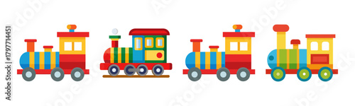 Colorful cartoon toy trains set isolated on white background