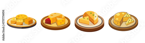 Assortment of cheese blocks and wedges on wooden platters.