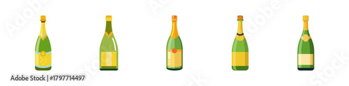 A row of five flat design vector champagne bottles for celebrations.