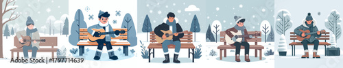 a man playing guitar on a park bench in the snow