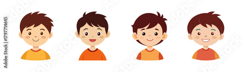 Cute set of four cartoon boys displaying diverse happy smiles