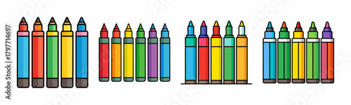 Colorful art supplies set of markers and pencils drawing