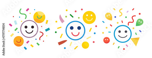 Smiling faces with colorful confetti celebration banner art
