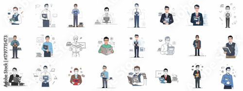 Professional Male Educators, Scholars, and Students Holding Books: A Vector Illustration Set Symbolizing Knowledge and Academia.