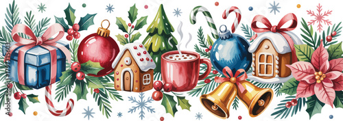 Christmas watercolor border with gift gingerbread house and hot chocolate