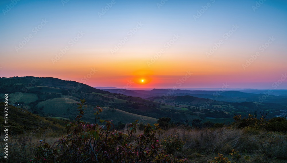 Fototapeta premium Sunset view over hills in nature, seasonal change