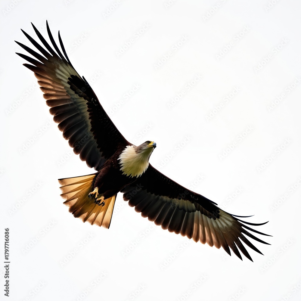 Obraz premium Large white-bellied sea eagle soars with majestic wings spread wide. Powerful bird glides freely high in bright sky. Shows grace, strength in flight, symbol of freedom in wild nature. Predatory