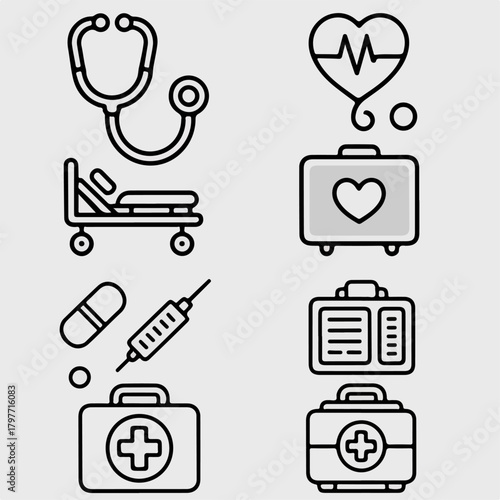 health and medicalMedical line icons set with stethoscope hospital bed, heart monitor, syringe, pill, first aid kit and case, healthcare outline symbols, clinic tools vector pack
