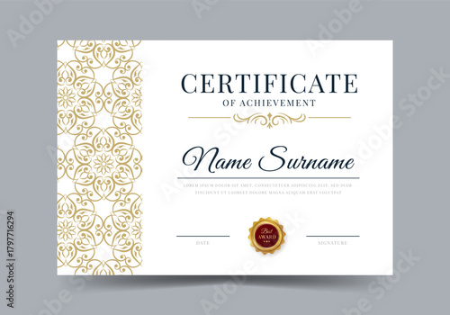 Certificate template diploma with badge vintage border. Award background