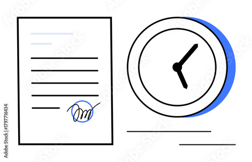 Document with signature and analog clock emphasizes agreement, deadlines, scheduling, time tracking, efficiency. Ideal for business, contracts, organization, productivity management legal concepts
