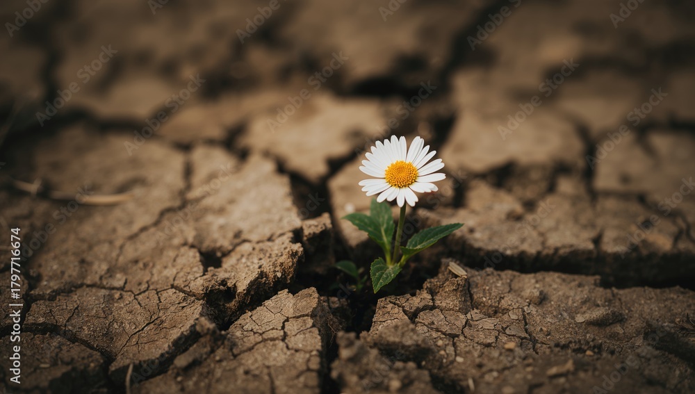 Fototapeta premium A solitary daisy emerges from arid, fractured earth, symbolizing resilience in harsh conditions