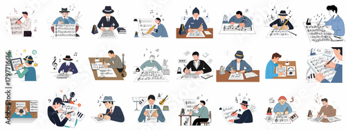 Collection of illustrations showing composers and musicians writing musical scores and notation, surrounded by instruments and musical elements.
