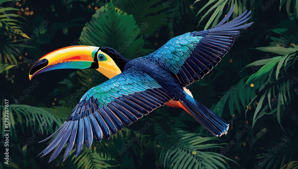 Obraz premium Abstract representation of a tropical bird, vibrant colors and shapes create a dynamic composition, artistic expression