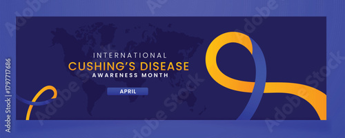 International Cushing's Disease Awareness Month in April: Blue and Yellow Ribbon Banner with World Map