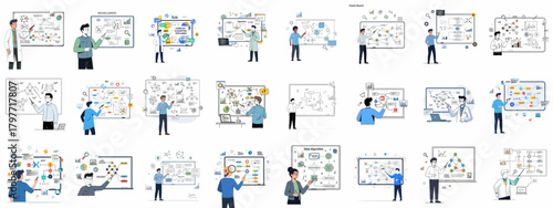 Data Science and Machine Learning Concept Vector Collection: Professionals explaining algorithms, neural networks, and big data visualization on presentation boards.