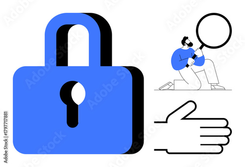 Large blue padlock, person analyzing with a magnifying glass, and an open hand gesture. Ideal for security, privacy, data protection, analysis, inspection, accessibility and online safety concepts