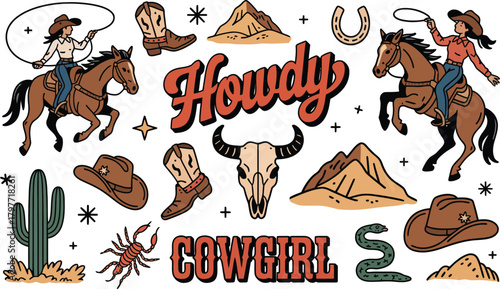 Cowgirl horse lasso cowboy hats boots cactus skull snake