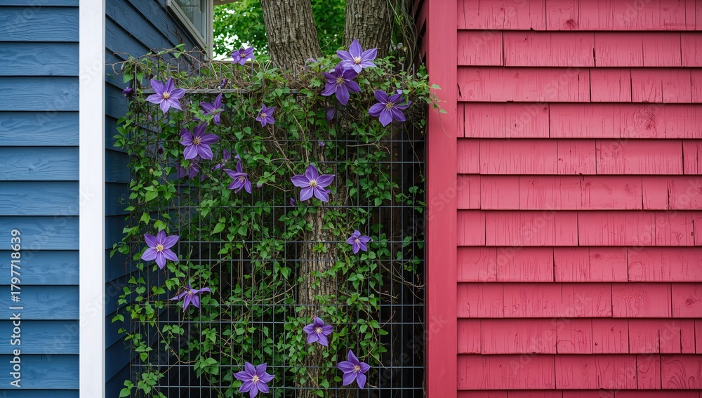 Fototapeta premium A purple clematis vine entwined with a wire fence, showcasing seasonal growth near contrasting colored structures