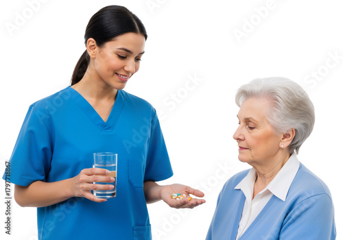 Caregiver Offering Medication to Elderly Woman – Compassionate, Professional Moment of Healthcare and Trust

