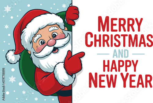 Cartoon Santa Claus peeking from behind a sign with Merry Christmas text