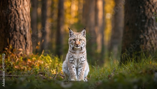 Fototapeta Naklejka Na Ścianę i Meble -  Young lynx observed amidst a forest backdrop, showcasing seasonal change