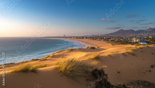 Maspalomas town and golden beach dunes at daybreak, showcasing urban density
