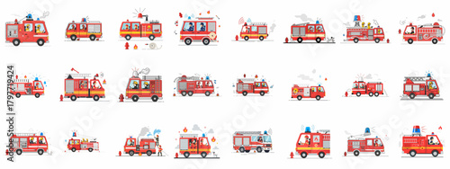 Large vector set of red fire trucks and fire engines illustrations, depicting firefighters, emergency services, and various rescue vehicles.