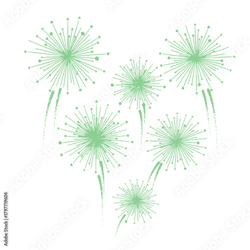 Vibrant green fireworks exploding against a clean white backdrop, perfect for St. Patrick's Day celebrations and festive occasions with a modern flair