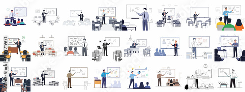 Collection of flat vector illustrations depicting teachers, professors, and instructors lecturing students and presenting academic or business concepts in a classroom setting.