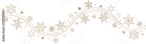 Golden snowflake and star border with wavy lines vector