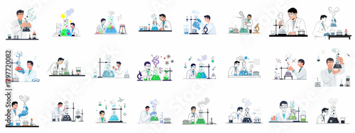 Set of vector illustrations depicting male chemists and scientists conducting chemical experiments, research, and reactions using various laboratory equipment.