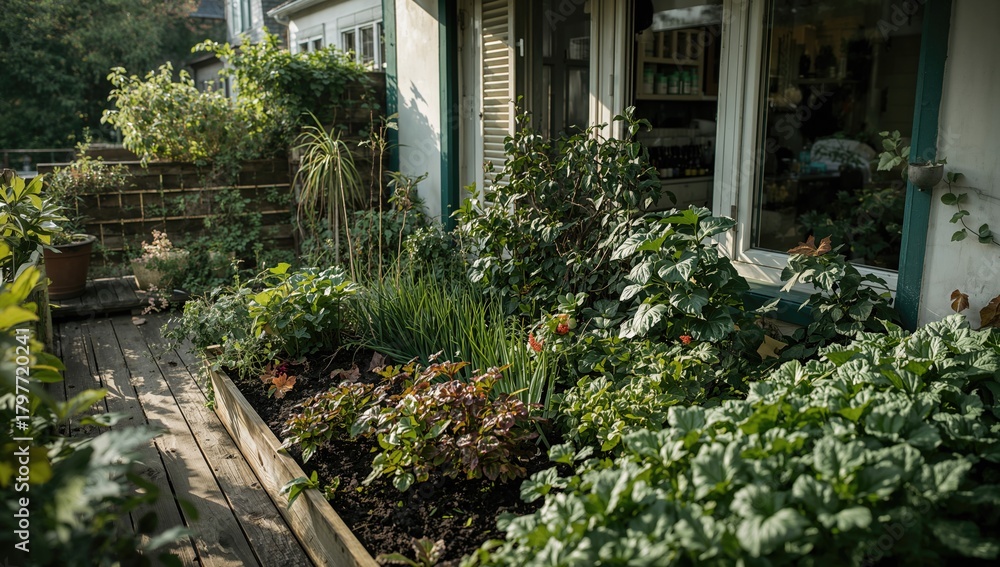 Naklejka premium A balcony adorned with lush greenery in garden beds, promoting outdoor tranquility