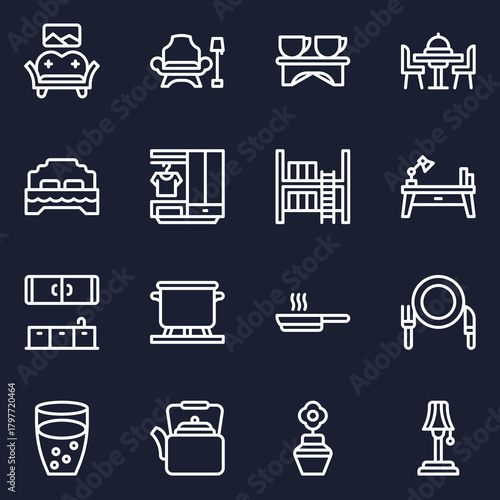 Line Art Home Decor and Furnishings Vector Icons of Sofa, Bed, Table, and More in Minimalistic Style