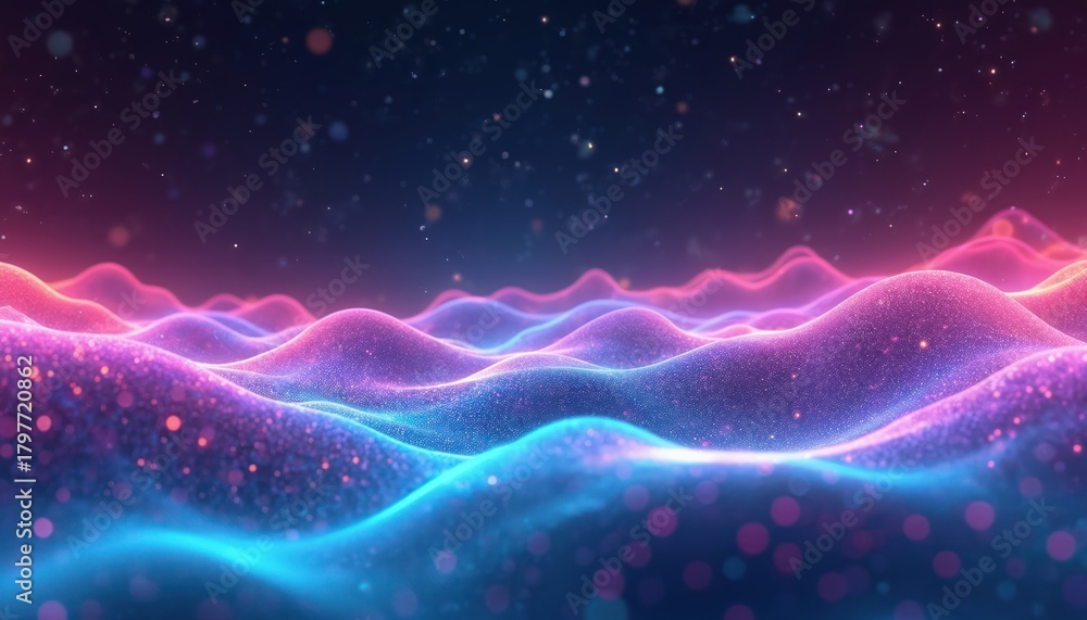 Obraz premium Abstract background shows digital glowing neon waves. Bright particles sparkle on vibrant pink, purple, blue wavy surface. Dynamic energy pattern creates futuristic light effect. Modern tech concept