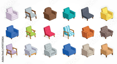 Collection of colorful isometric armchairs vector illustration for interior design