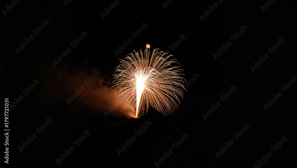 Obraz premium Long exposure capture of fireworks illuminating a silhouette on a mountain with the moon in the backdrop, featuring elements of travel, nature, and light.