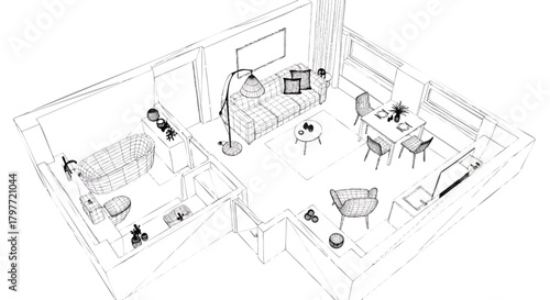 Detailed apartment floor plan sketch showing living room and bathroom layout