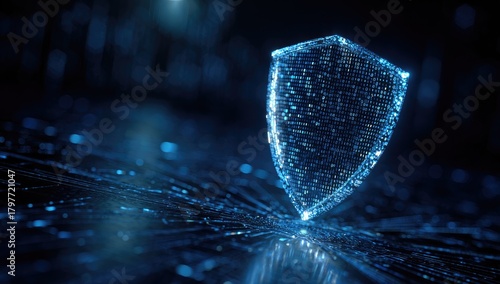 Glowing digital shield over abstract lines and dots representing network security and protection