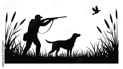 Silhouette of a Hunter and Dog in a Field with a Bird in Flight hunting