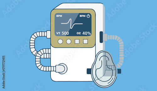 Portable Medical Ventilator With Mask and Tubing: Modern Health Care Device Illustration