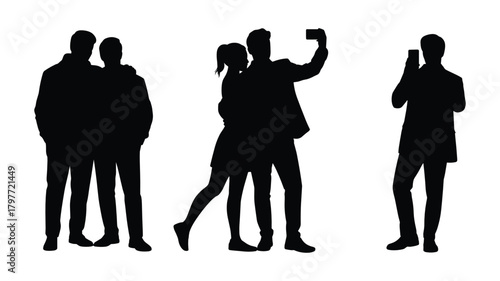 Silhouettes of People Posing for Photos and Taking Selfies group couple