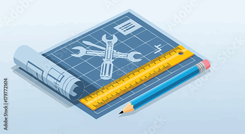 Isometric blueprint with tools ruler and pencil for technical design project