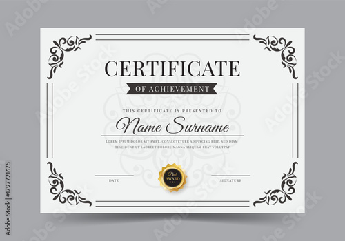 Elegant and luxurious certificate template with badge. Awards diploma background