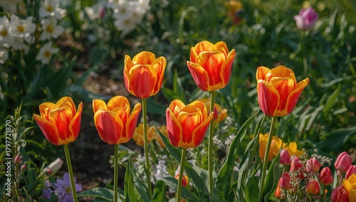 Red and yellow Triumph tulips bloom vibrantly in a garden, showcasing seasonal beauty